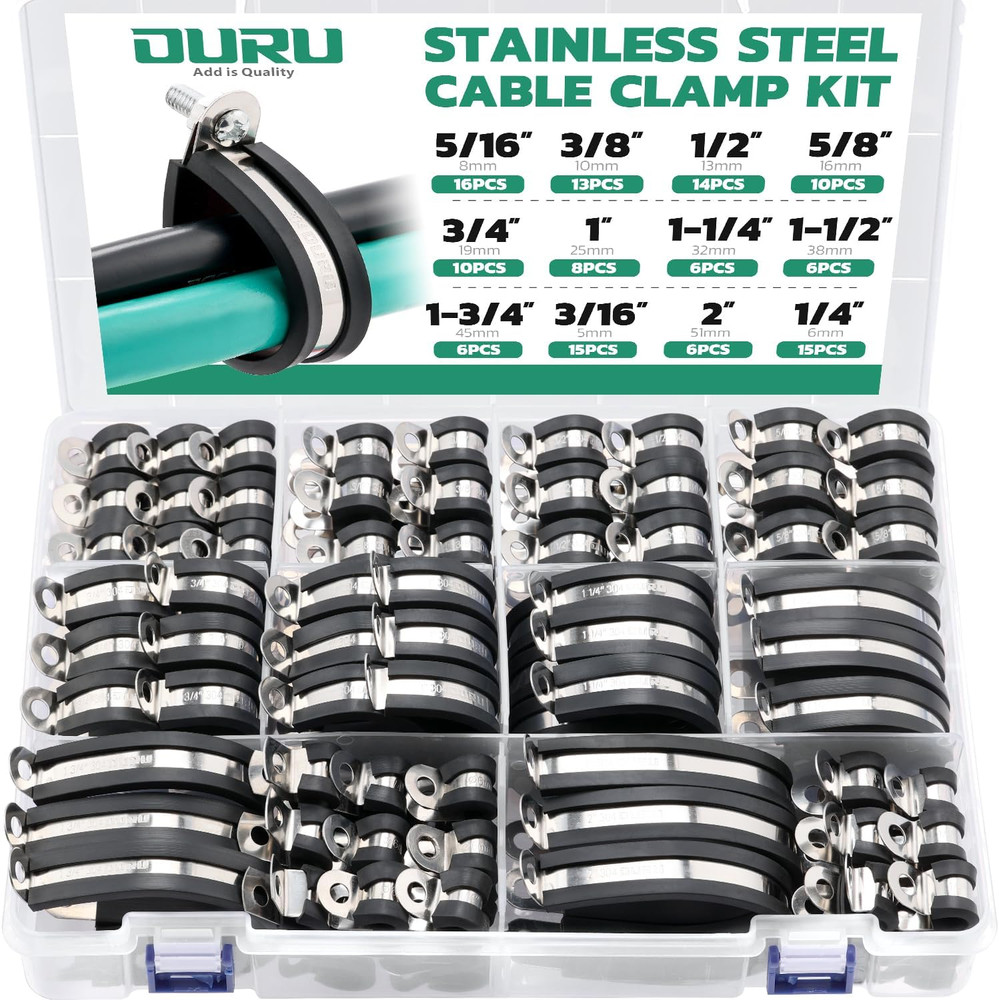 125PCS Cable Clamp,12 Sizes Stainless Steel Rubber Coated Cushioned Insulated Ca