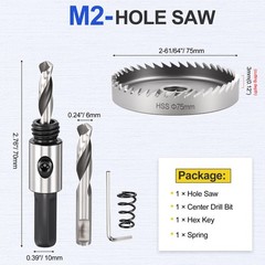 2-61/64″(75mm) Hole Saw Kit – Good for Medium-Hard Metal PVC Boards – Silver