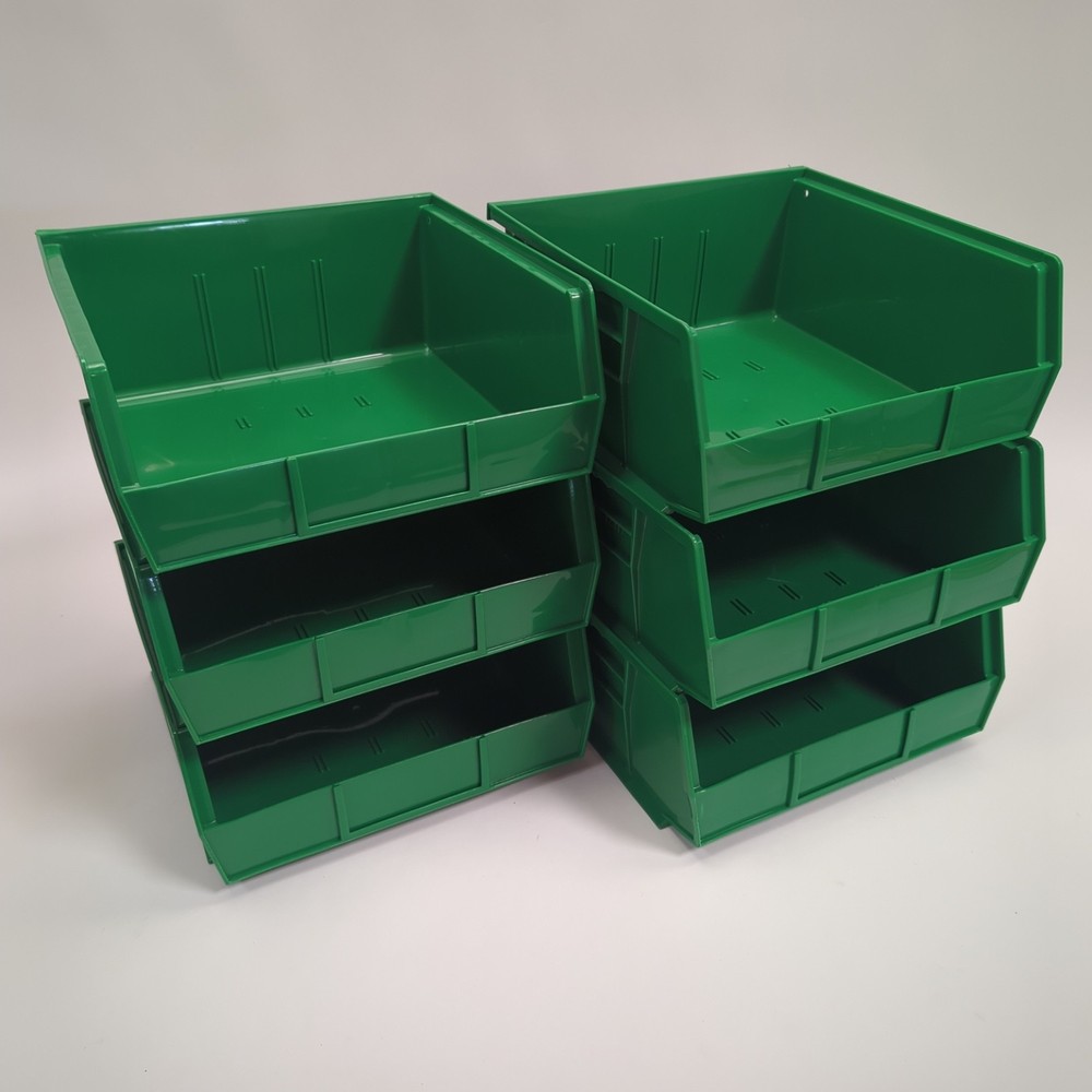 Lot of 6 Uline S-12417-G Plastic Stackable Storage Bins 11 x 11″ x 5″ Green