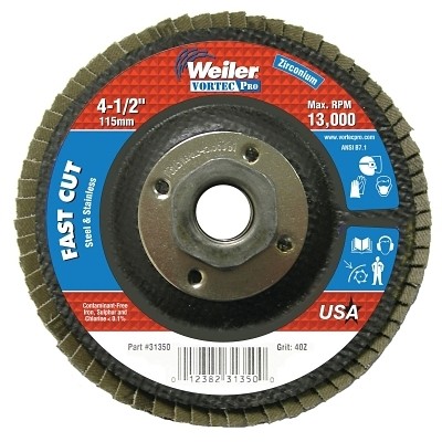 Vortec Pro Abrasive Flap Disc, 4-1/2 in dia, 40 Grit, 5/8 in-11, 13000 rpm, Type