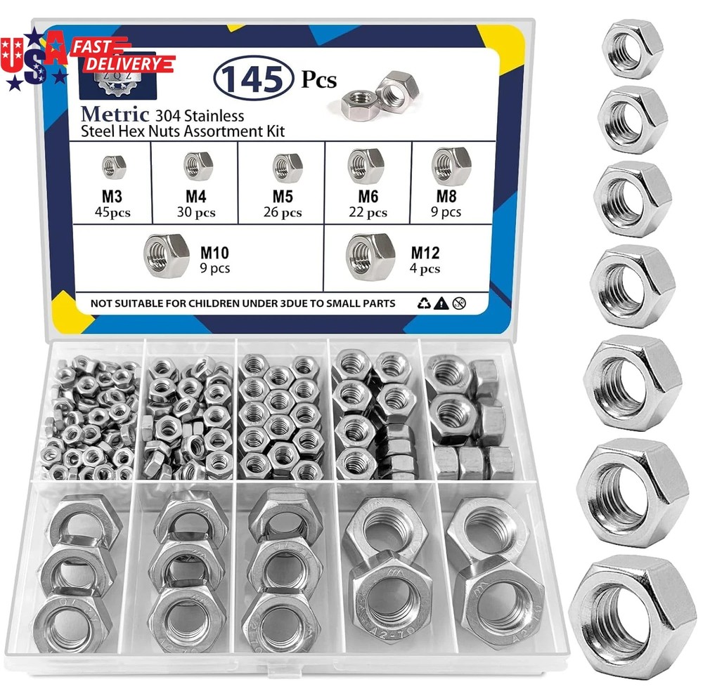 145 PCS Assorted Stainless Steel Hex Nuts Assortment Kit M3 M4 M5 M6 M8 M10 M12