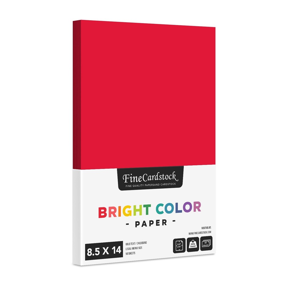 8.5 x 14 Red Bright Color Paper, Legal Size, 24lb Bond (90gsm), 50 Sheets