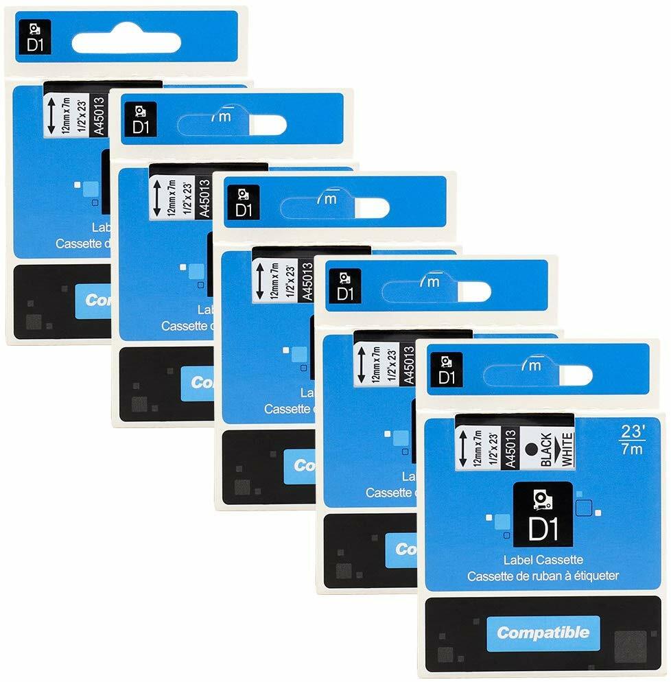 5PK For Dymo D1 Black on White S0720530 Label Tape Cassette 45013 1/2″ 12mm 160