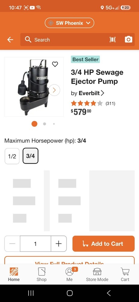 Everbilt 3/4 HP Submersible Sewage Ejector Pump Float 110 GPM 115V 2″
