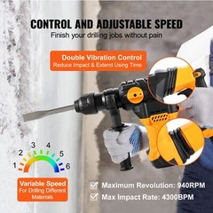 Rotary Hammer Drill Corded Drills 1-1/4″ 4 Modes SDS-Plus Chipping Hammers