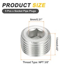 5Pcs Socket Pipe Plugs, NPT 3/8″Stainless Steel Hex Thread Pipe Caps, Silver