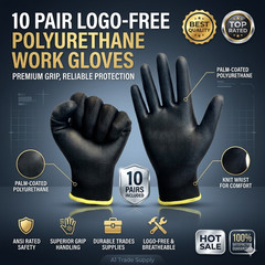 10 Pair Logo-Free Polyurethane Safety Work Gloves – Palm Coated Durable Grip