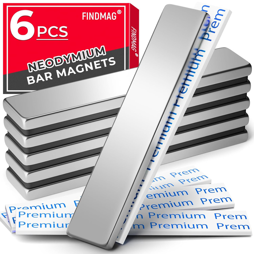 FINDMAG Neodymium Magnet, 6 Pack Bar Magnets Strong Heavy Duty Magnets with Adhe