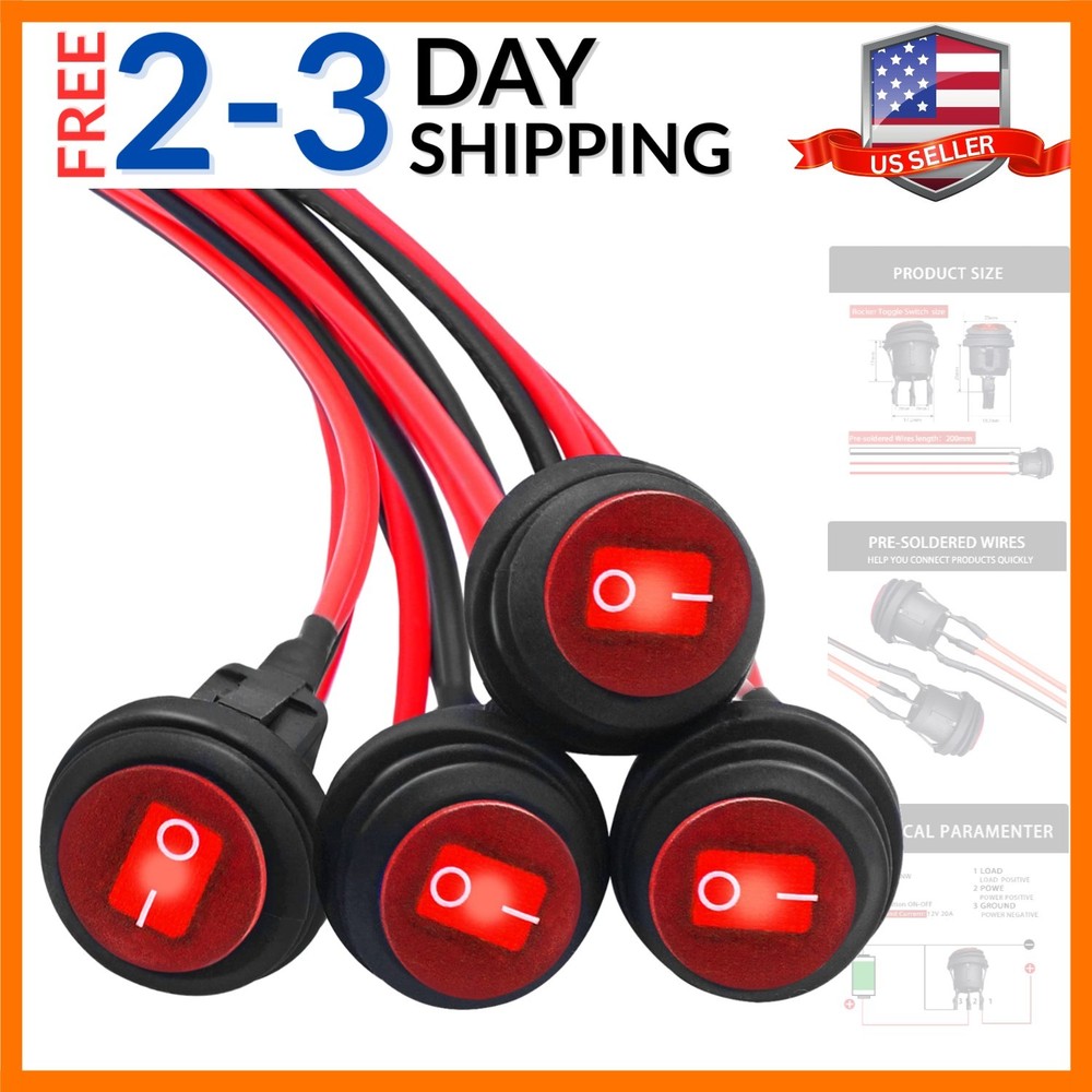 4PCS Waterproof Rocker Switch 12V Round Toggle Switch SPST 3 Pin ON Off Red L…
