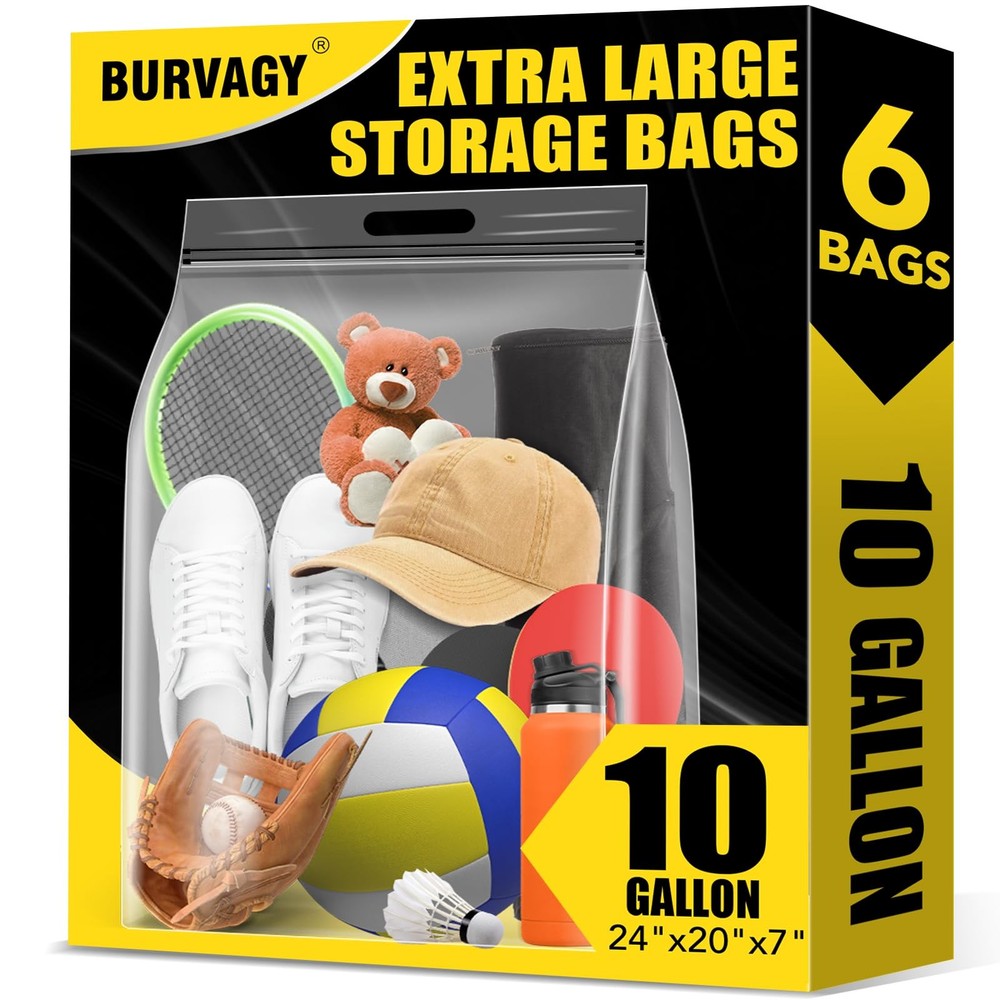 6Pack Extra Large Plastic Storage Bags 10 (10Gallons), Clear