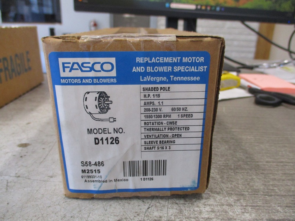 Fasco Motor D1126 1/15HP 1.1A 208-230V 60/50Hz 1550/1300RPM New Surplus