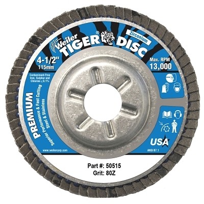 Tiger Disc Angled Style Flap Disc, 4-1/2 in dia, 80 Grit, 7/8 Arbor, 13000 rpm,