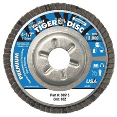 Tiger Disc Angled Style Flap Disc, 4-1/2 in dia, 80 Grit, 7/8 Arbor, 13000 rpm,