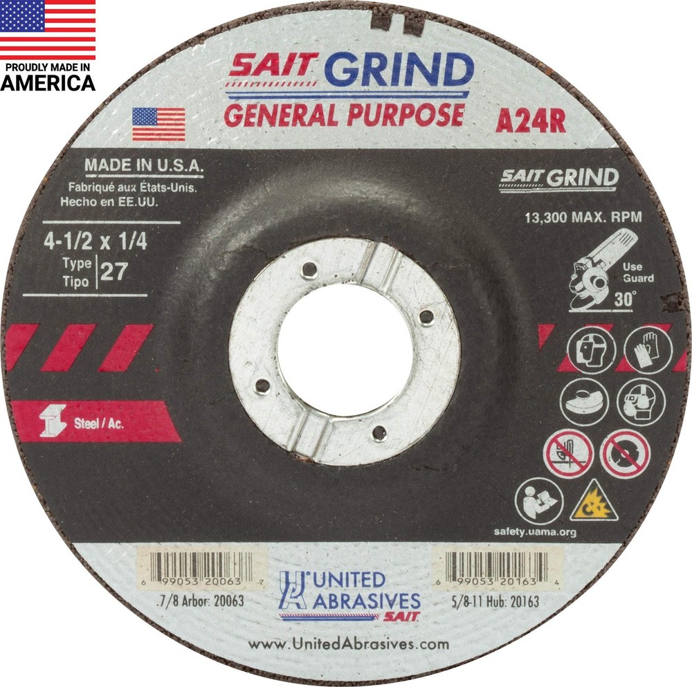 United Abrasives 20063 A24R Grinding Wheel Type 27 4 1/2″ x 1/4″ x 7/8″ 25PK