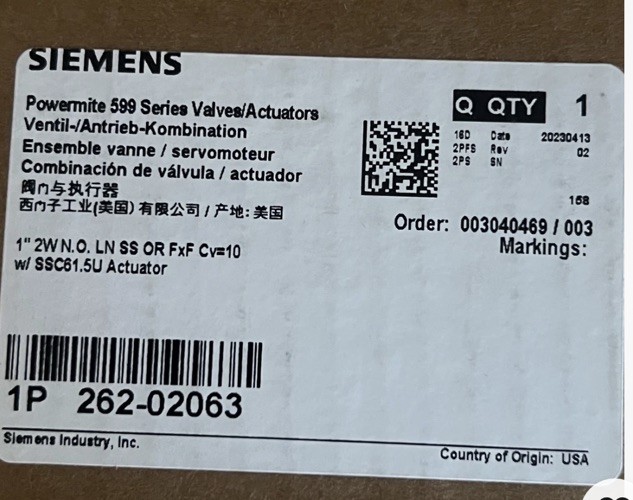 Siemens 262-02063 Elect Zone Valve Actuator, 24V Ac, Prop