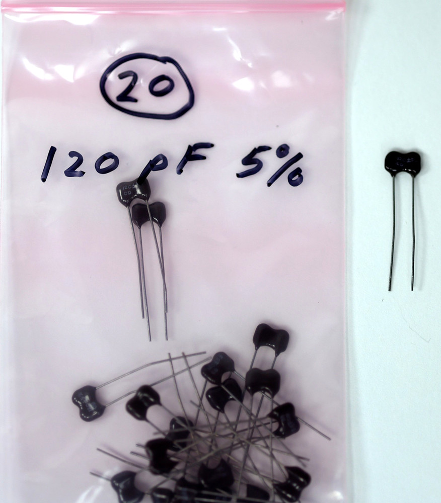 Qty 20: 120pF 500V 5% dipped silver mica radial lead capacitors