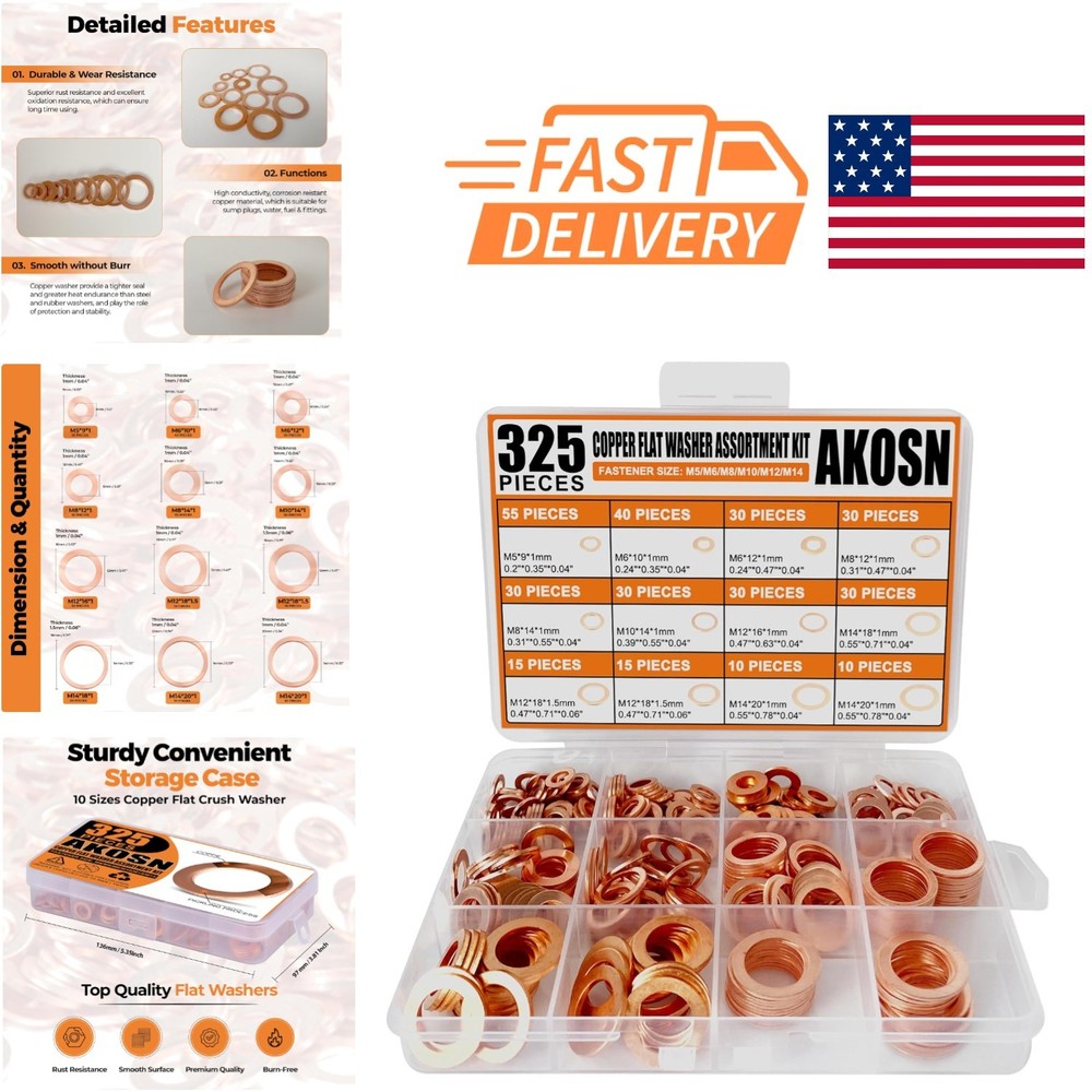 Comprehensive Copper Washer Set 325 Pieces 10 Sizes for Household Applications