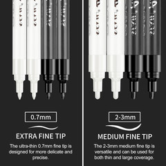 SFAIH Black & White Acrylic Paint Markers – 8 Pack 2-3MM Medium Tip & 0.7MM Extr