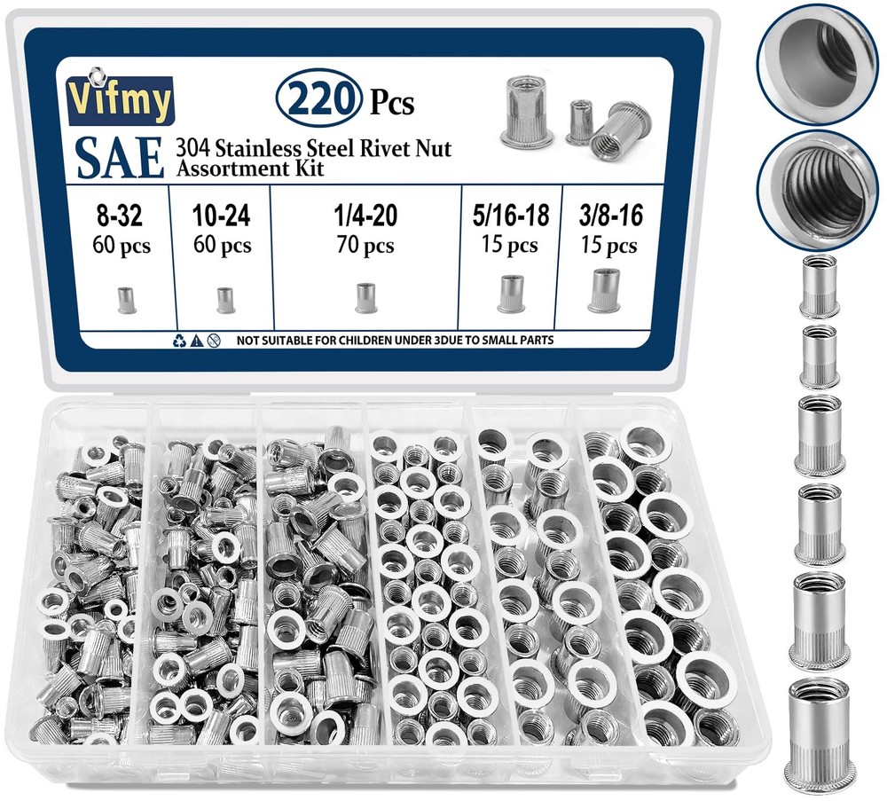 Stainless Steel Rivet Nut Assortment SAE Rivnut Kit 220 Pcs
