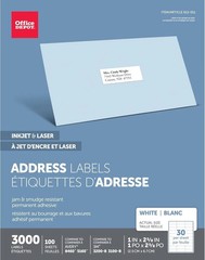 Office Depot Inkjet/Laser Labels 1000 Sheets 30 per Sheet 30,000 Avery 8460 5160