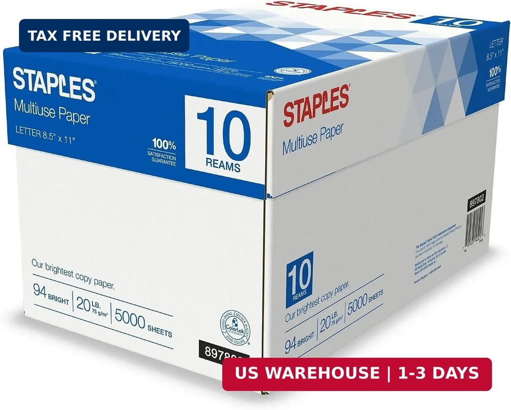 Staples Multipurpose Copy Printer Paper, 20 lb, 8.5 x 11 Inches, 10 Reams, 94 Br