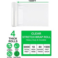 4 Rolls 18″ x 1500ft Clear Heavy Duty Pallet Shrink Stretch Wrap Film 80 Gauge