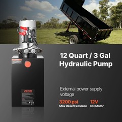 12 Quart Hydraulic Power Unit, Double Acting Dump Trailer Pump, 3200 PSI Max Rel