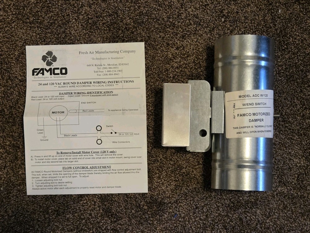 FAMCO ADC4120ES Motorized Damper Power Open 4 Inch 120 Volt W/End Switch