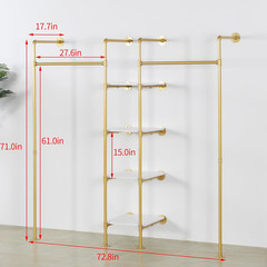 Gold Industrial Pipe Clothing Rack with Shelves – 4 Tier Steampunk Design