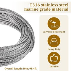 1/8″ Stainless Steel Cable 100ft Wire Rope Metal Cable with Loop Sleeve and S…