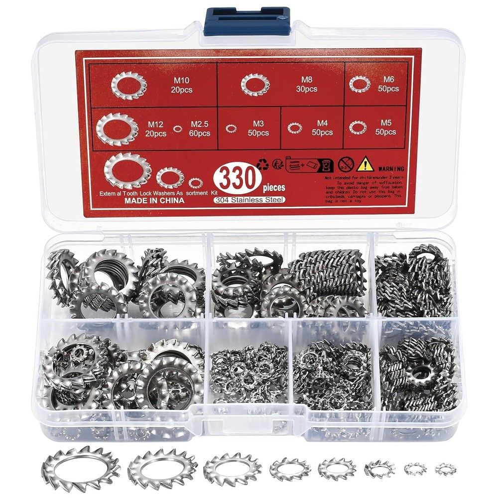 330 Pcs External Tooth Star Lock 2.5mm, 3mm, 4mm, 5mm, 6mm, 8mm, 10mm, 12mm