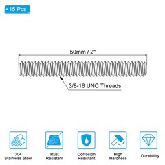 15Pcs 3/8″-16 Fully Threaded Rod 2″ Length 304 Stainless Steel Thread Screw
