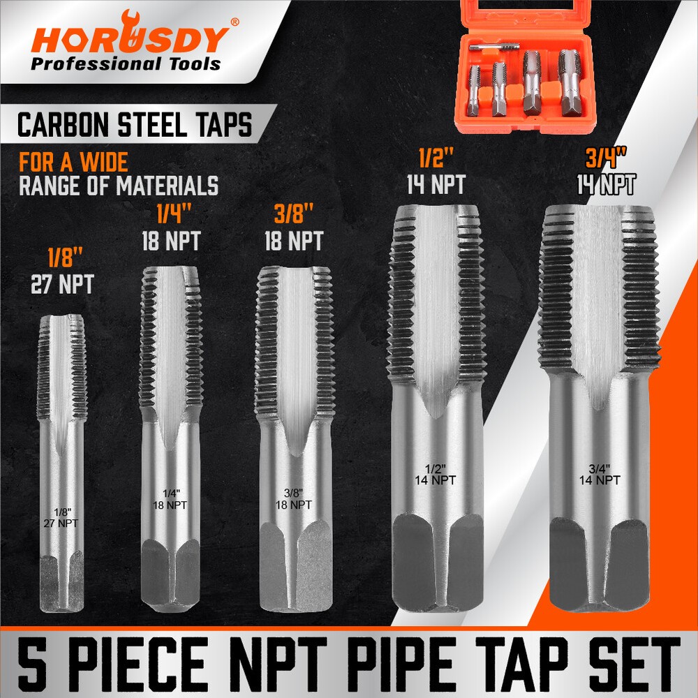 5 Pcs NPT Pipe Tap Set 1/8″ 1/4″ 3/8″ 1/2″ and 3/4″ With Case Carbon Steel Inch