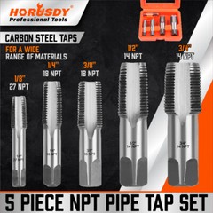 5 Pcs NPT Pipe Tap Set 1/8″ 1/4″ 3/8″ 1/2″ and 3/4″ With Case Carbon Steel Inch