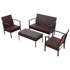 4-Piece Rattan Wicker Patio Conversation Set Loveseat Sofa with Brown Cushions G