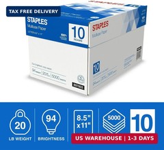 Staples Multipurpose Copy Printer Paper, 20 lb, 8.5 x 11 Inches, 10 Reams, 94 Br