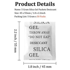 Silica Gel Packets, 50PCS 5 Gram Transparent Desiccant Packs for Storage, Mo…