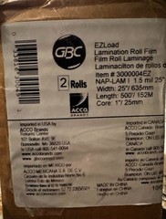 GBC 3000004 1.5 Mil 25″ X 500′ x 1″ Core Thermal Laminating Film (2) Rolls, New