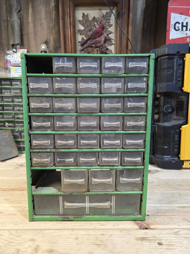 Vintage RAACO Corp Green Metal Storage Cabinet 35 Drawer Made In Denmark