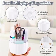 360 Rotating Pencil Pen Holder for Desk, White Pen Organizer with 6 Slots