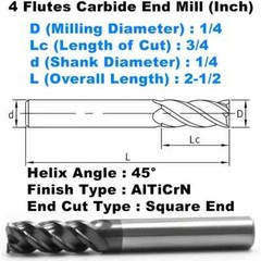 5 PCS 1/4″ 4 Flutes Square 45° Helix Carbide End Mill Bits AlTiCrN Coated HRC 50