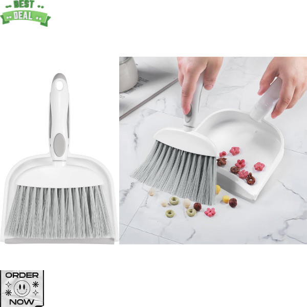 NACENA Small Dust Pan and Brush Set, Mini Broom 1-Pack, Grey White