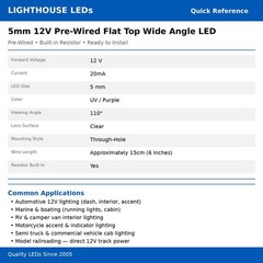 10 x 12v 5mm Flat Top Pre Wired UV Purple LED Wide Angle 13v 14v 15v Prewired