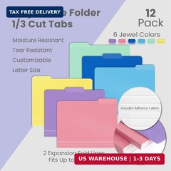 Better Office Products Heavyweight Poly Folders File, 1/3 Cut Tabs, 12 Pack, Ass