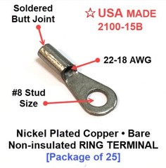 Ring Terminal Connector Non-Insulated Bare 22-18 AWG #8 Stud – 25 PCS *USA Made