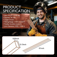 Brazing Rods,15% Silver Welding Rods 40 Sticks AWS BCuP-5 lder Copper Flat Br…
