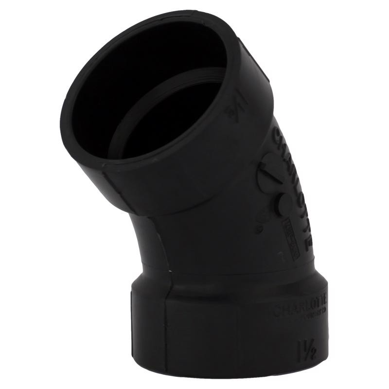 Charlotte Pipe ABS003210600 Black 45 Degree ABS Elbow 1-1/2 x 1-1/2 Hub Dia. in.