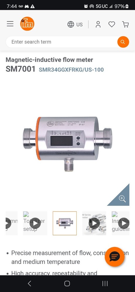 IFM Efector SM7001 Magnetic-Inductive Flow Meter, 0.06 to 13.20 GSM
