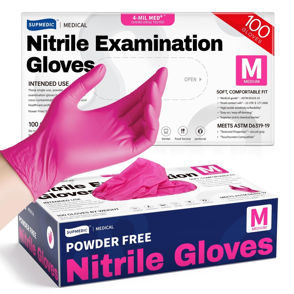 Supmedic Nitrile Exam Gloves, 4 Mil 100 Pcs Medium, Medium (Rose Orchid)