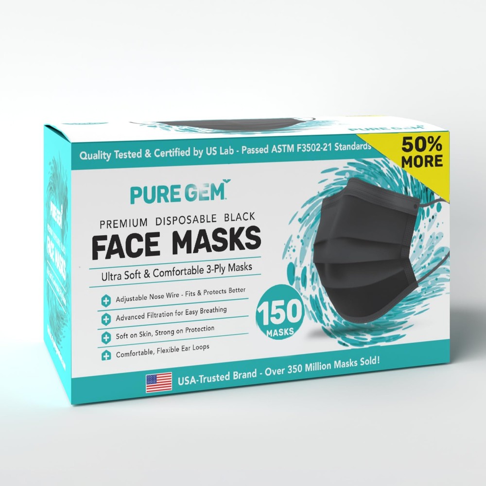 Pack Of 150] Black Disposable Face Mask, 3-Ply Adult Masks, Facial Cover with…